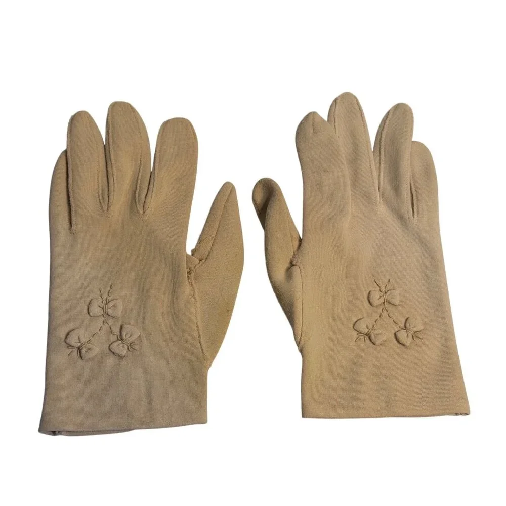 VTG 60s Cappuccino Coffee Nylon Wrist Gloves Embroidered Ribbon Bow Detail Women